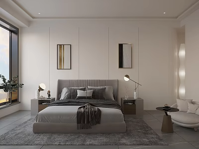 Modern Bedroom with Gray Bed Nightstands Table Lamps Wall Art Gray Rug and Window Plant 3d model