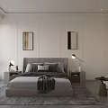 Modern Bedroom with Gray Bed Nightstands Table Lamps Wall Art Gray Rug and Window Plant