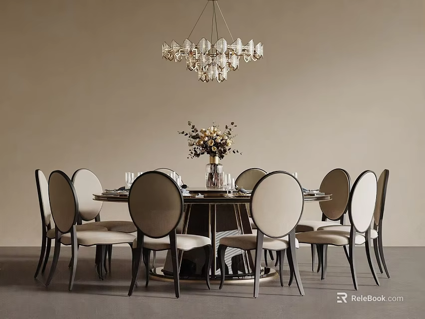 Elegant Modern Dining Table Set With Round Table Chairs And Crystal Chandelier 3d model