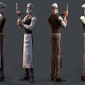 Three Angles View Of Bearded Character 3D Model Holding Gun With Hat Vest And Apron