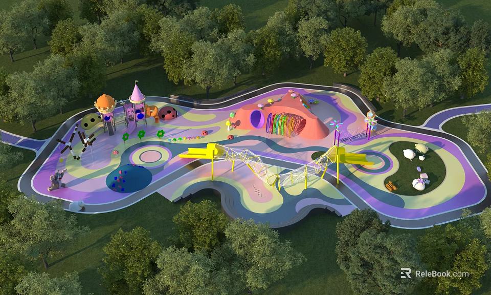 Outdoor Children's Playground With Colorful Play Structures Slides Climbing Nets And Green Trees 3d model 