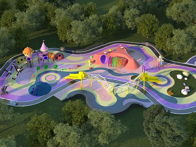 Outdoor Children's Playground With Colorful Play Structures Slides Climbing Nets And Green Trees 3d model
