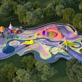 Outdoor Children's Playground With Colorful Play Structures Slides Climbing Nets And Green Trees
