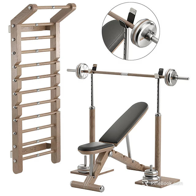 Wooden Home Gym Fitness Equipment With Weight Bench Barbell And Storage Rack For Training 3d model 