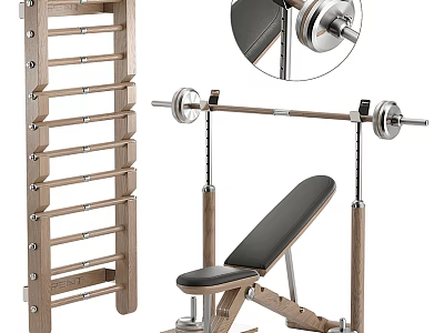 Wooden Home Gym Fitness Equipment With Weight Bench Barbell And Storage Rack For Training 3d model