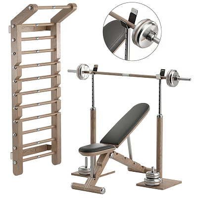 Wooden Home Gym Fitness Equipment With Weight Bench Barbell And Storage Rack For Training 3d model