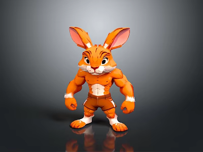 3D Muscular Rabbit Character With Orange Fur Large Ears And Shorts 3d model