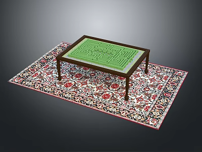 Wooden Coffee Table With Green Maze Design On Floral Pattern Decorative Rug 3d model