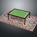 Wooden Coffee Table With Green Maze Design On Floral Pattern Decorative Rug