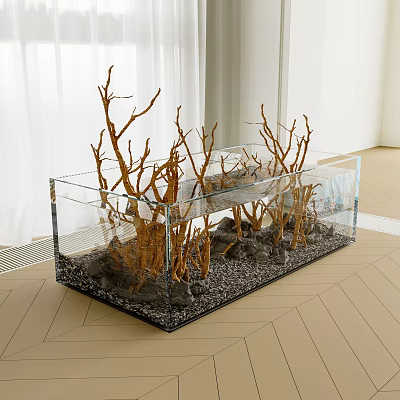 Transparent Fish Tank with Driftwood Branches and Black Gravel in Modern Interior 3d model