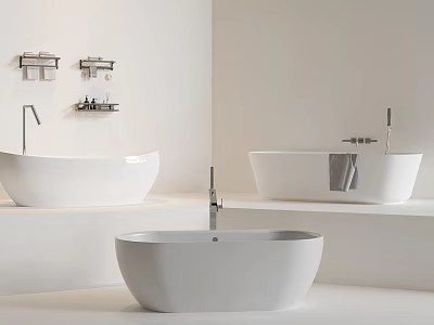 White Freestanding Bathtubs in Modern Bathroom with Wall Mounted Racks and Faucets 3d model