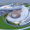 Modern Circular Architectural Building With Contemporary Design Green Grass Urban Road And Open Space