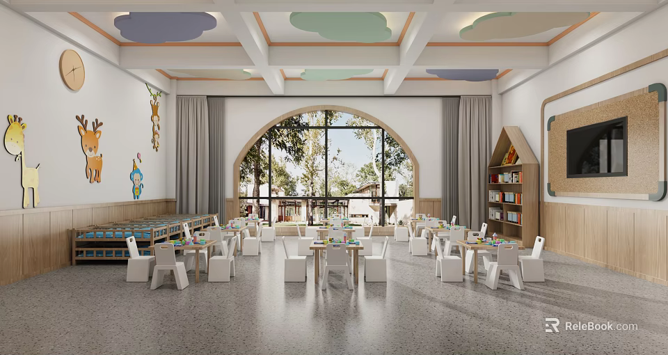 Bright Spacious Kindergarten Classroom Interior With Tables Chairs And Large Windows 3d model 