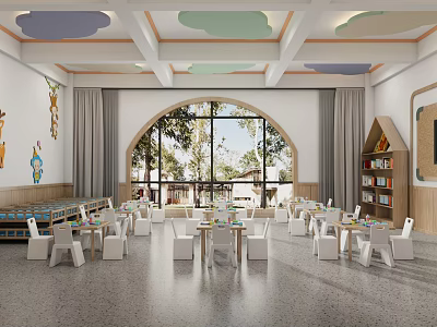 Bright Spacious Kindergarten Classroom Interior With Tables Chairs And Large Windows 3d model