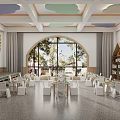 Bright Spacious Kindergarten Classroom Interior With Tables Chairs And Large Windows