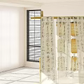 Traditional Paper Lanterns Hanging On Bamboo Frame With Calligraphy Scrolls And Sunlight Shadows