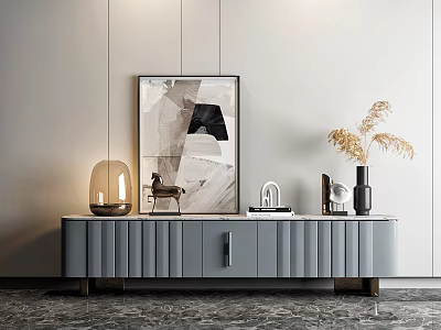 Modern Gray Ribbed TV Stand with Decorative Sculptures Abstract Painting and Lamp 3d model