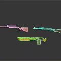 Different Types of Firearms with Orange Components on Dark Reflective Background