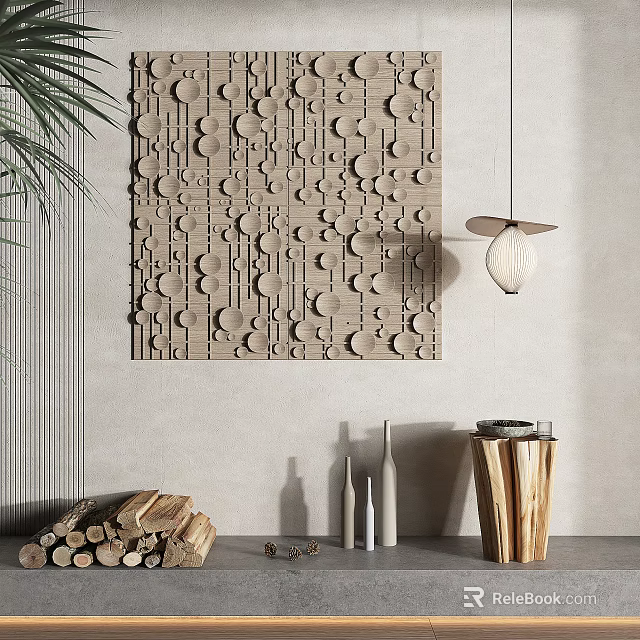 Modern Textured Wall Decor With Circular Patterns In Interior With Pendant Light And Plants 3d model 
