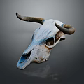 Cow Skull With Curved Horns Weathered White Surface On Gray Background