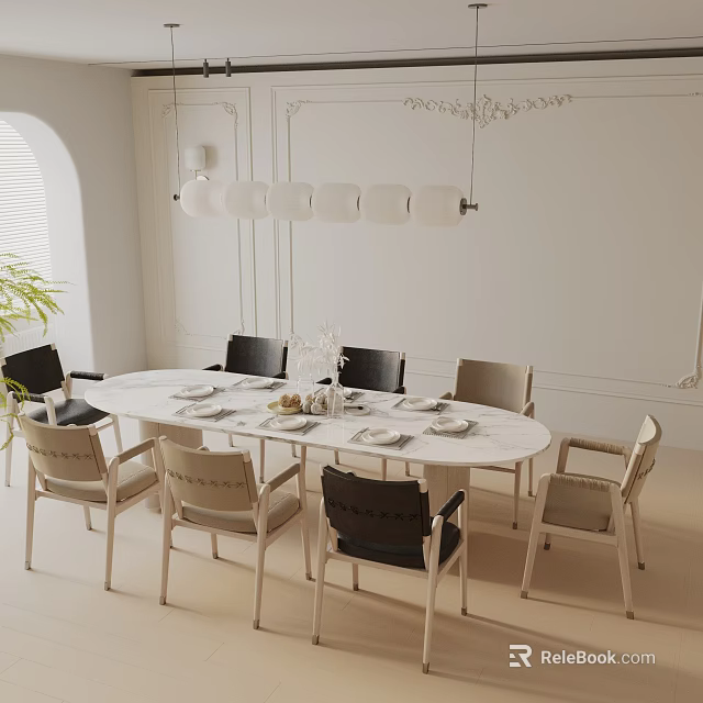 Modern Round White Dining Table Set With Mixed Color Chairs And Pendant Lighting 3d model 