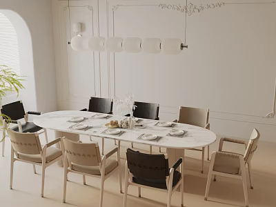 Modern Round White Dining Table Set With Mixed Color Chairs And Pendant Lighting 3d model