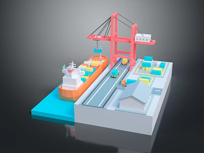 Modern Cargo Terminal Scene Featuring Crane Ship Containers And Loading Area 3d model