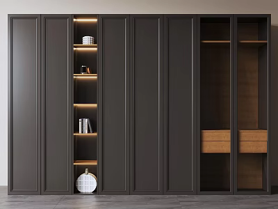 Modern Dark Brown Floor To Ceiling Wardrobe With LED Lighting Open Shelves And Storage Drawers 3d model