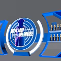 Blue Stage Setup With Trophy Displays And Central Wine Bottle Logo Lighting 3d model