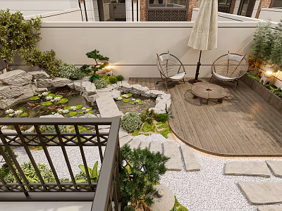 Serene Garden Landscape With Pond Water Lilies Stone Pathway Wooden Deck Chairs And Umbrella 3d model