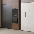 Modern Kitchen With Black And White Double Door Refrigerator Cabinets And Built In Oven Appliances