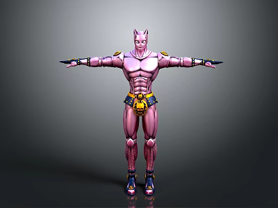 Pink Muscular Humanoid Character 3D Model With Cat Like Head Yellow Belt And Blue Boots 3d model