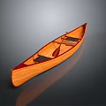 Wooden Canoe With Paddle Seats And Red Trim On Dark Reflective Surface