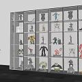 Various Action Figures Displayed in Glass Door Cabinet with Multiple Shelves and Indoor Potted Plant