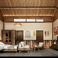 Hotel Guest Room With Wooden Ceiling Walls Large Glass Doors Sofa Coffee Table And Chair