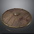 Round Shield Weapon With Wooden Texture Metal Rivets And Central Metal Decoration