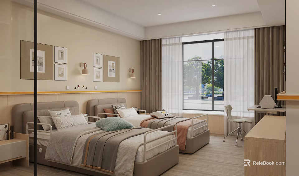 Cozy Bedroom Interior With Two Beds Decorative Paintings And Study Desk Chair 3d model 