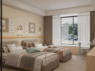 Cozy Bedroom Interior With Two Beds Decorative Paintings And Study Desk Chair 3d model