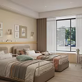 Cozy Bedroom Interior With Two Beds Decorative Paintings And Study Desk Chair