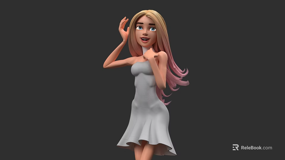 Stylish White Dress For Female With Long Gradient Pink Blonde Hair 3d model 
