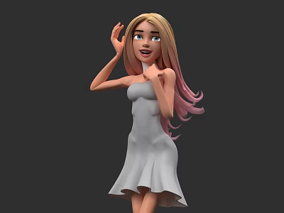 Stylish White Dress For Female With Long Gradient Pink Blonde Hair 3d model