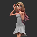 Stylish White Dress For Female With Long Gradient Pink Blonde Hair