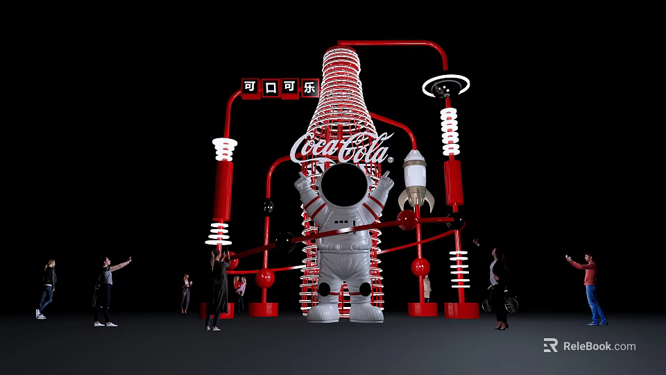 Coca Cola Themed Display With Astronaut Figure Red Structures And People Around 3d model