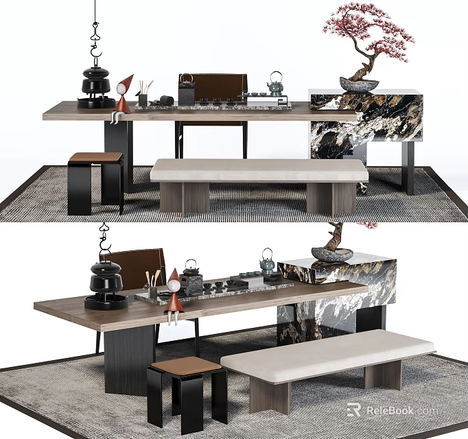 Modern Chinese Tea Table Set With Bench Stools And Tea Set Decorative Items 3d model