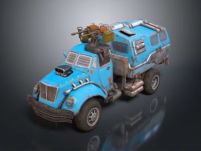 Blue Modified Truck With Mechanical Roof Equipment And Rustic Vintage Design 3d model