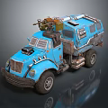 Blue Modified Truck With Mechanical Roof Equipment And Rustic Vintage Design