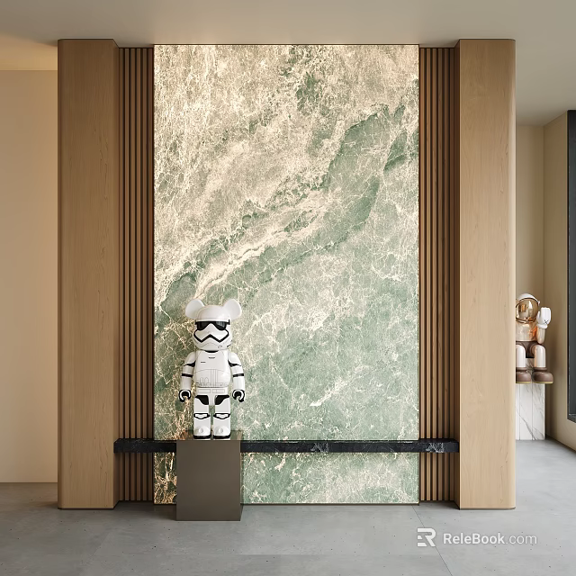 Minimalist Green Marble Texture Wall With Wooden Frame And Stormtrooper Figurine In Modern Interior 3d model 