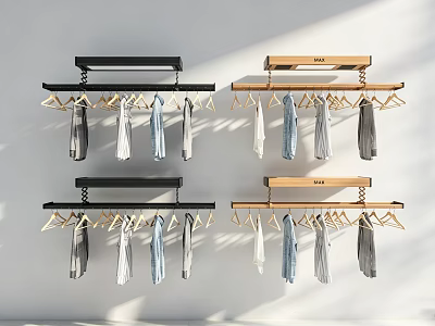 Stylish Wall Mounted Hangers With Black And Wooden Rods Holding Various Colored Shirts 3d model