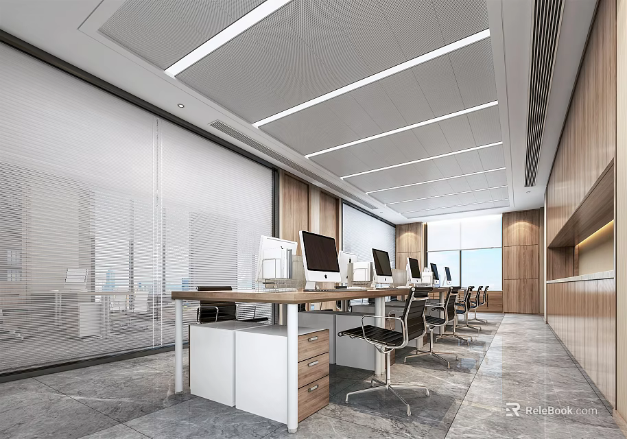 Public Office Space with Modern Design Long Desks Multiple Computers and Natural Light 3d model