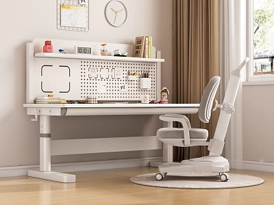 Adjustable Height Children's Desk With Pegboard Bookshelf And Matching Study Chair 3d model